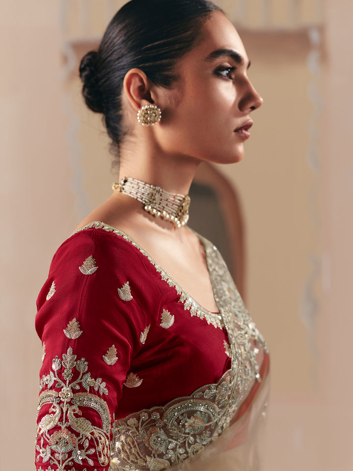 Beige Designer Saree with Embroidery, Sequins & Stone Work