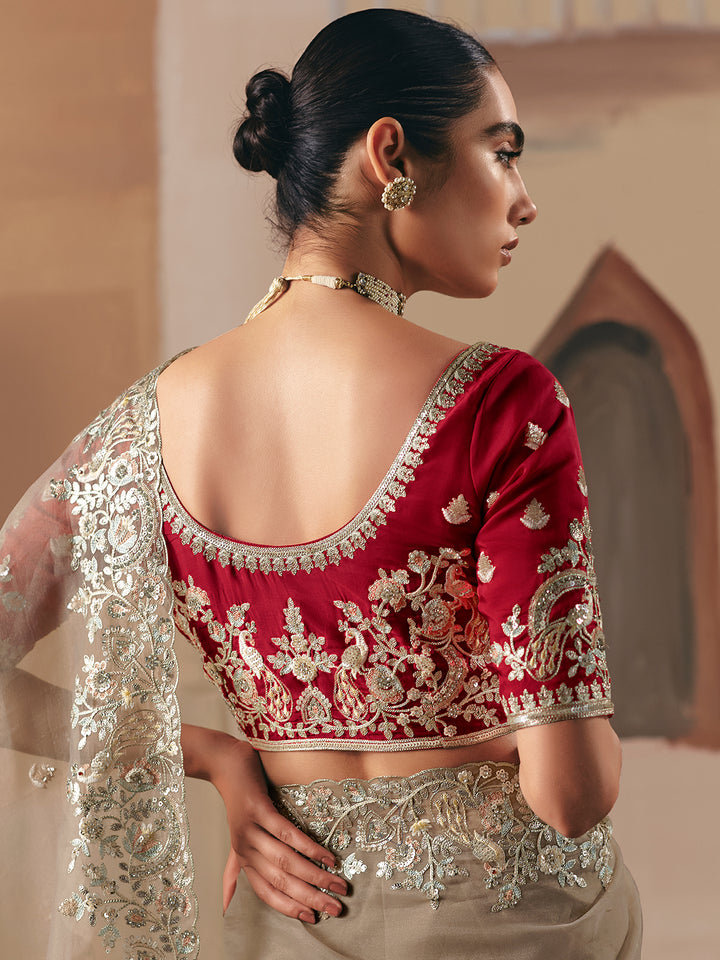 Beige Designer Saree with Embroidery, Sequins & Stone Work