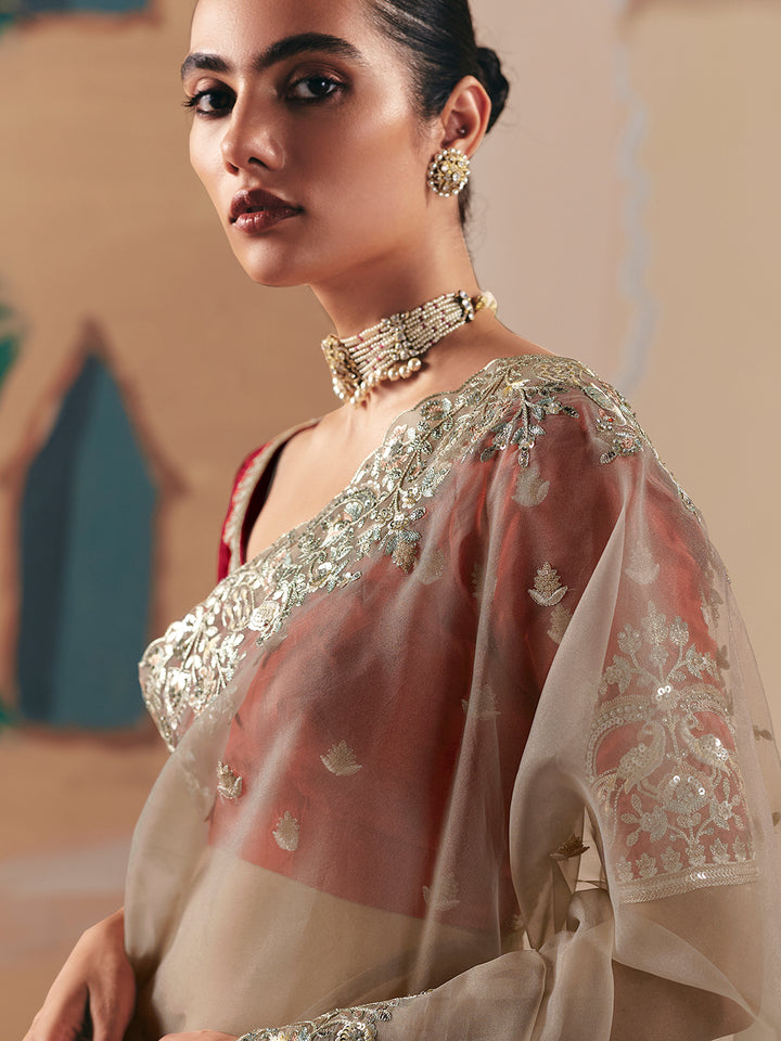 Beige Designer Saree with Embroidery, Sequins & Stone Work