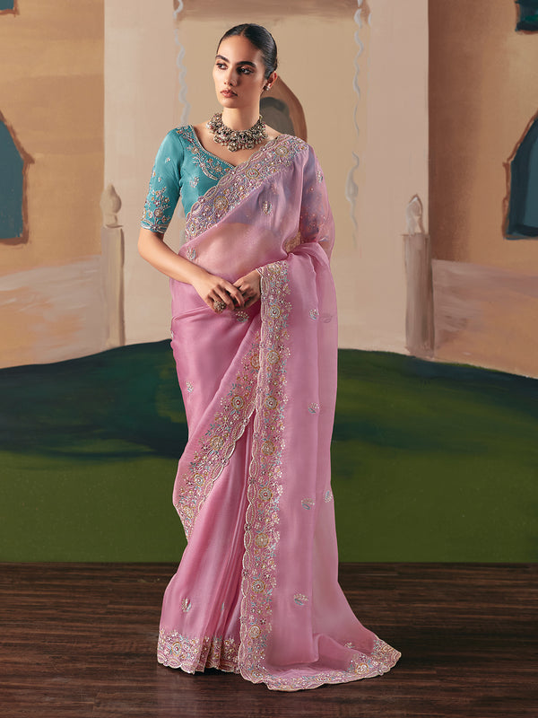 Pink Party Wear Saree with Embroidery, Sequins & Stone Work – Blue Blouse Included | Wedding & Festive Saree
