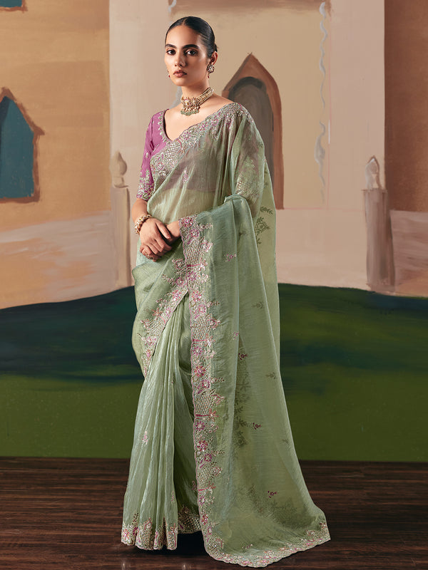 Pista Green Designer Embroidered Saree with Sequins & Stone Work
