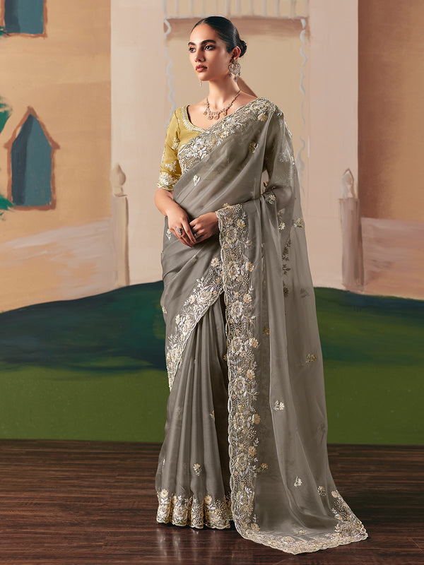 Grey Embroidered Saree with Mustard Blouse – Party, Wedding & Festive Wear Designer Saree