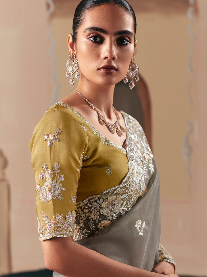 Grey Embroidered Saree with Mustard Blouse – Party, Wedding & Festive Wear Designer Saree