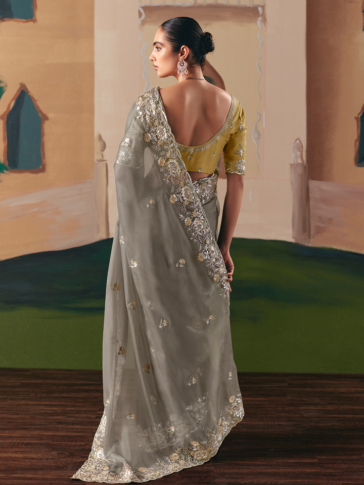 Grey Embroidered Saree with Mustard Blouse – Party, Wedding & Festive Wear Designer Saree