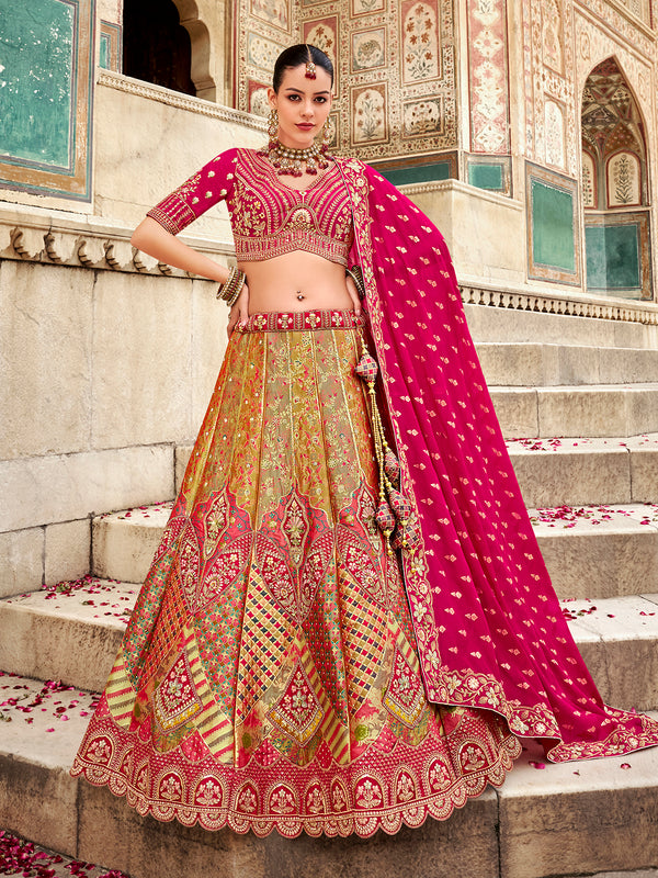 Banarasi Silk Weeding Lehenga with Zarkan & Sequin Embroidery in Gold, Red & Green