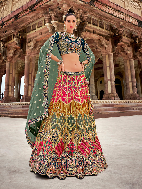 Multi-Color Banarasi Silk Bridal Lehenga with Zarkan & Sequins Work Embroidery