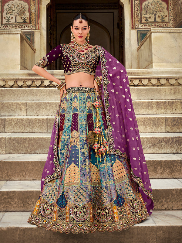 Bridal Banarasi Weaving Silk Lehenga Set in Deep Blue and Purple with Zarkan and Sequins Embroidery