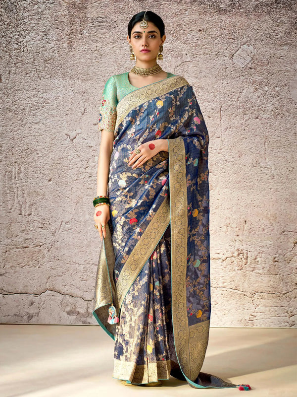 Navy Blue Banarasi Silk Saree with Floral Zari & Embroidered For Festival Wear