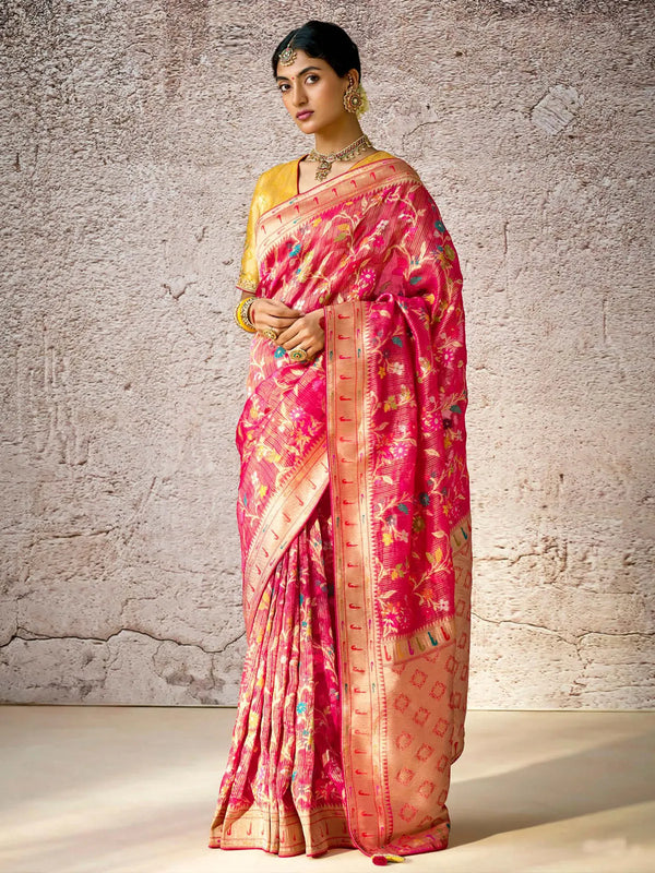 Red Banarasi Silk Saree with Floral Zari & Embroidered For Festival Wear