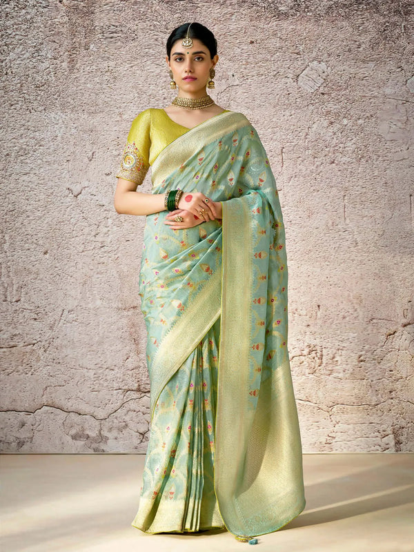 Pista Green Banarasi Silk Saree with Floral Zari & Embroidered For Festival Wear