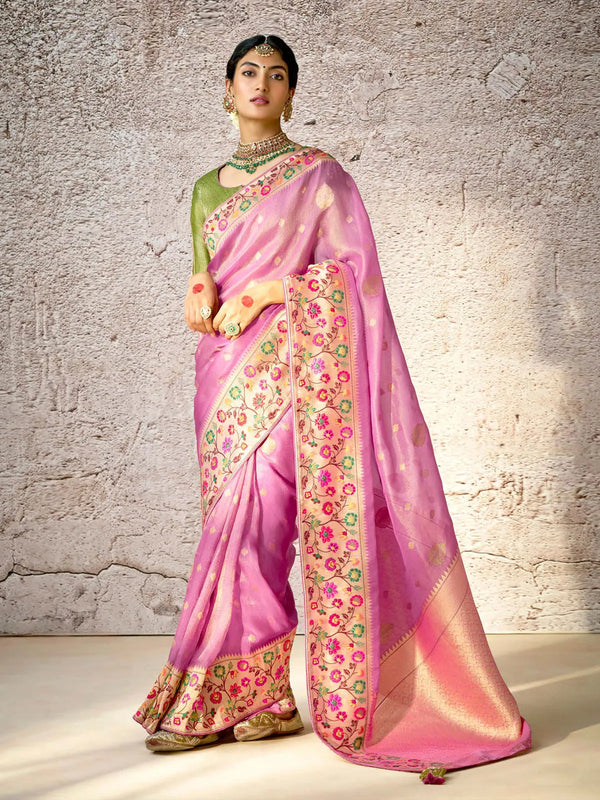 Pink Banarasi Silk Saree with Floral Zari & Embroidered For Festival Wear