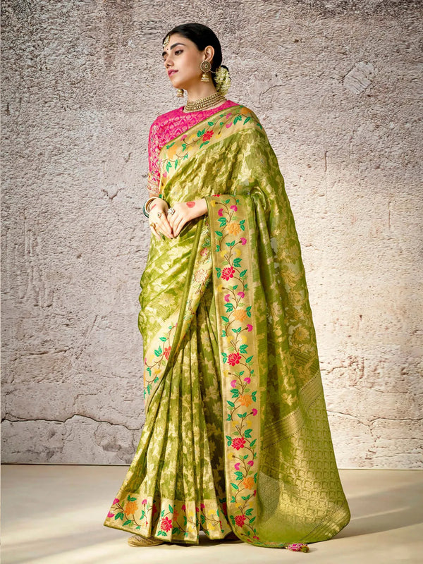 Green Banarasi Silk Saree with Floral Zari & Embroidered For Festival Wear