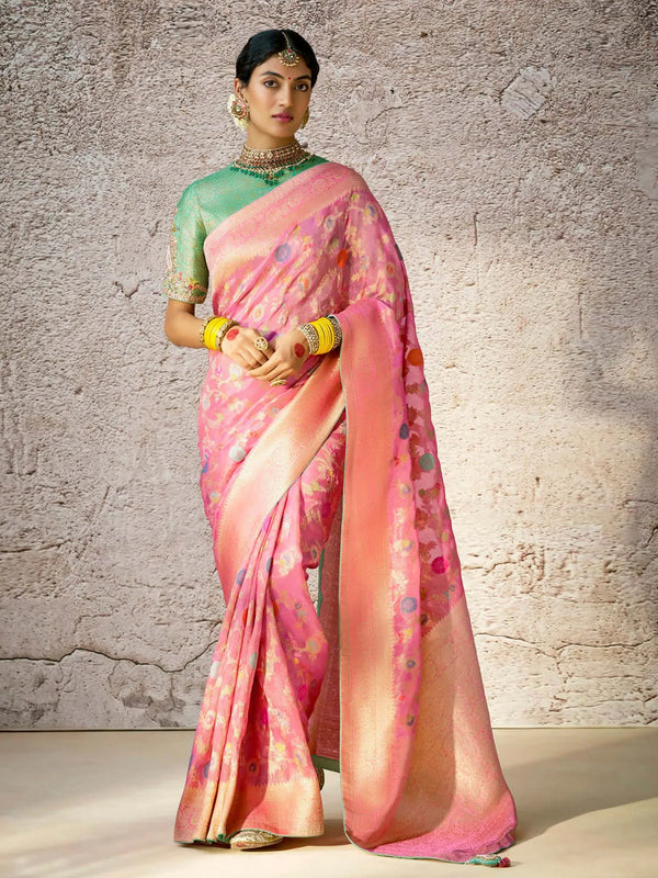 Dusty Pink Banarasi Silk Saree with Floral Zari & Embroidered For Festival Wear