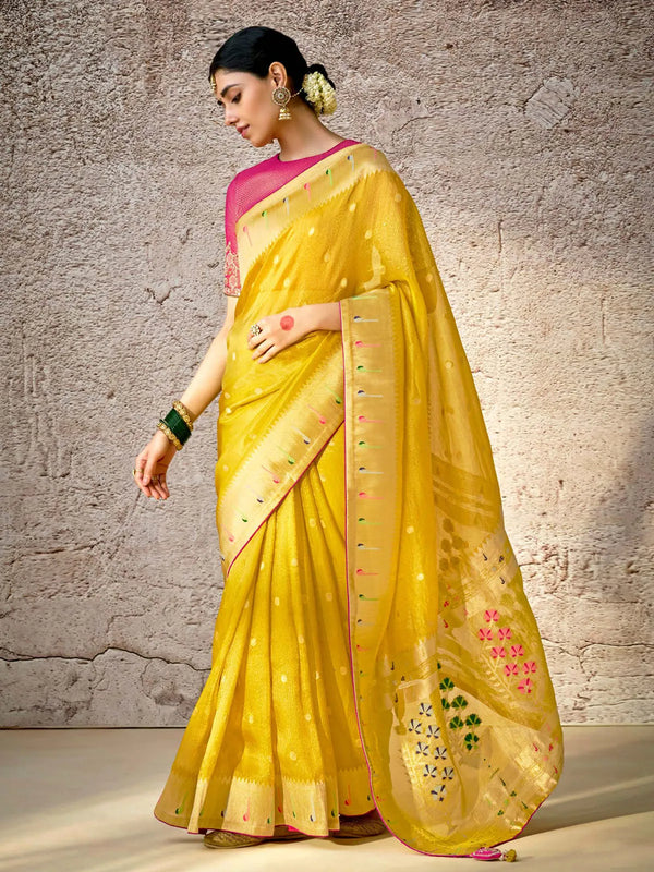 Yellow Banarasi Silk Saree with Floral Zari & Embroidered For Festival Wear