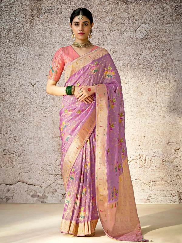 Lavender Banarasi Silk Saree with Floral Zari & Embroidered For Festival Wear