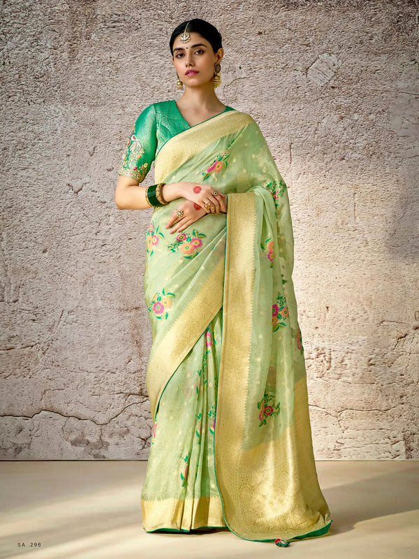 Light Green Banarasi Silk Saree with Floral Zari & Embroidered For Festival Wear