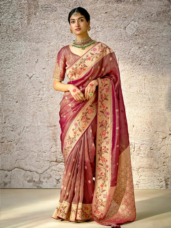 Brown Banarasi Silk Saree with Floral Zari & Embroidered For Festival Wear