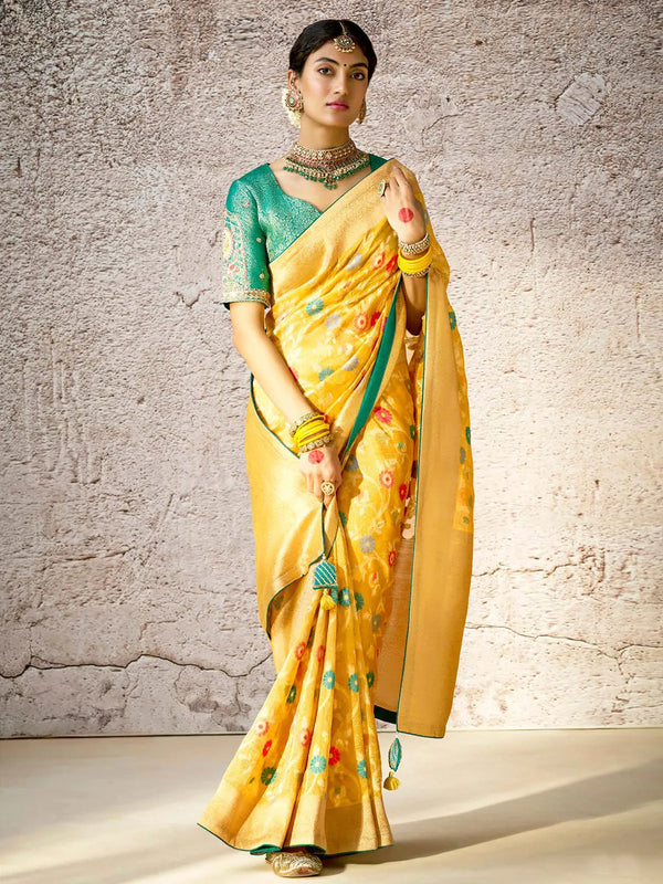 Yellow Fancy Banarasi Silk Saree with Floral Zari & Embroidered For Festival Wear