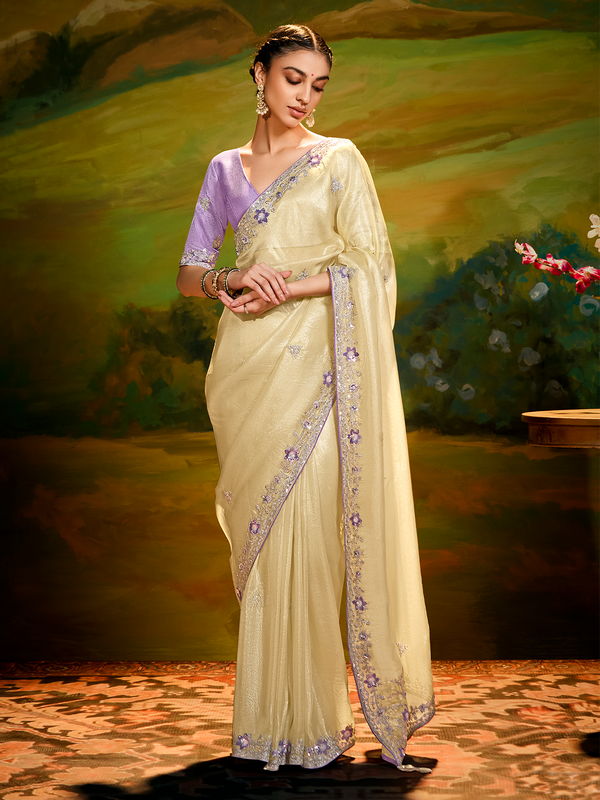 Cream Fancy Embroidered Saree with Handwork and Designer Cut Work | Lavender Blouse | Wedding & Festival Wear