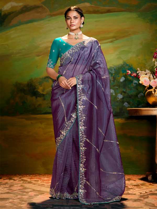 Dark Lavender Designer Saree with Embroidery & Handwork | Fancy Fabric | Green Blouse | Wedding & Festival Wear