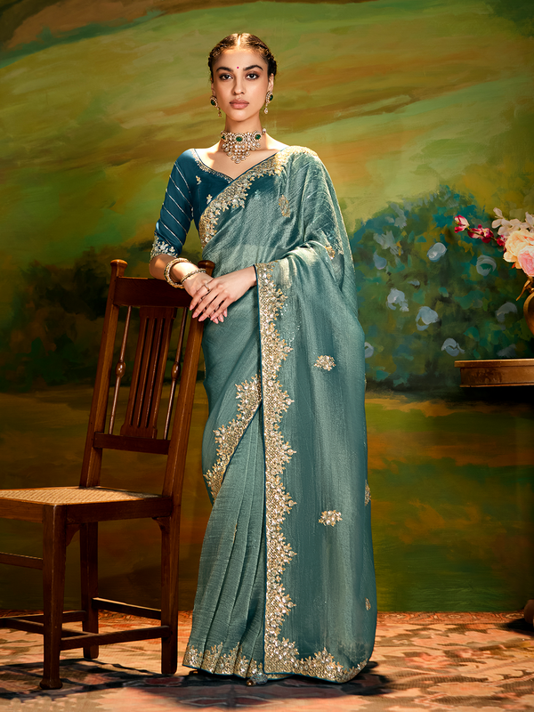 Dark Green Fancy Embroidery Saree with Handwork and Designer Cut Work for Wedding & Festival Wear