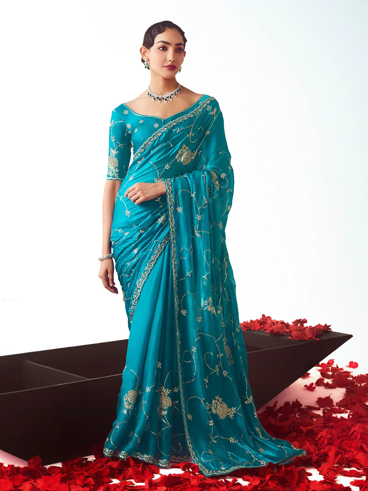 Fancy Blue Designer Handwork Saree with Embroidery - VJV Now - India