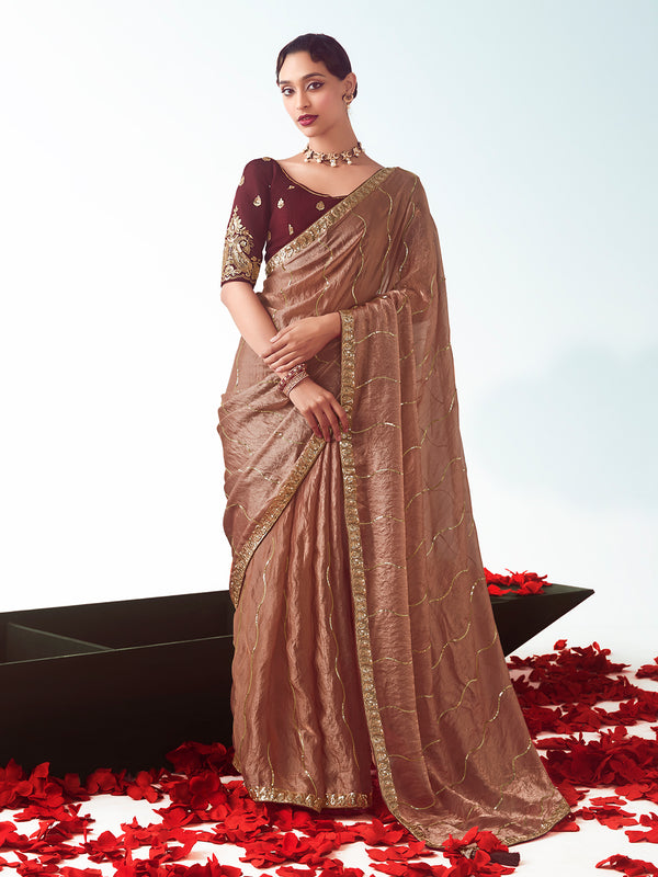 "Brown Embroidered Designer Saree with Blouse – Festival & Party Wear | Handcrafted Elegance"