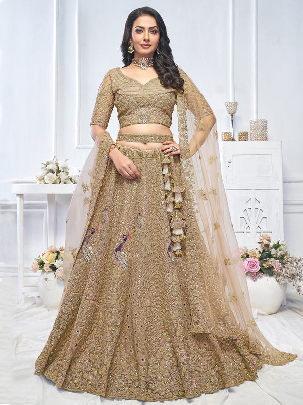 Embroidered Bridal Wear Golden Net Lehenga Choli