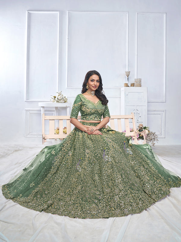 Designer Green Embroidered Bridal Wear Lehenga Choli