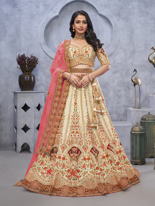 Off-White Organza Silk Lehenga with Regal Peacock Motifs