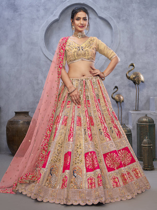 Pink Organza Silk Lehenga with Chiku Blouse and Net Dupatta