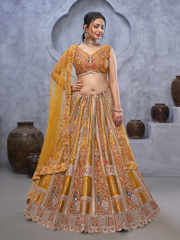 Mustard Organza Silk Sequin Work Lehenga Choli Set