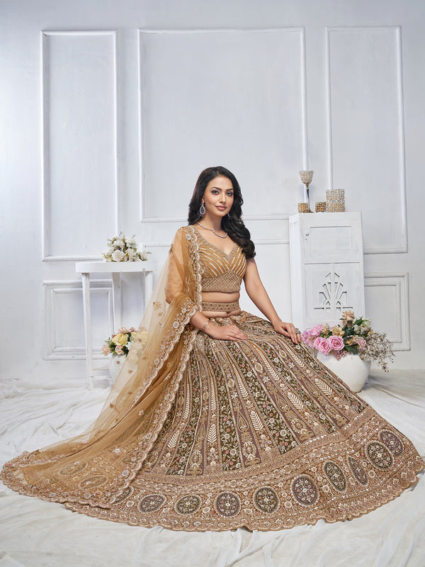 Brown Net Lehenga Set with Zari and Thread Work