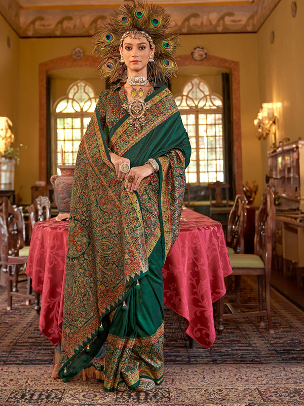 Dark Green Silk Saree for Festival & Party Wear – Luxury Print & Glossy Finish | Designer Silk Saree with Matching Blouse