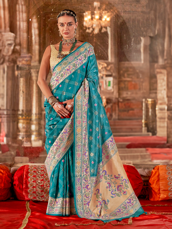 Blue Silk Bandhani Saree with Paithani Border and Cream Silk Blouse – Festive Wear