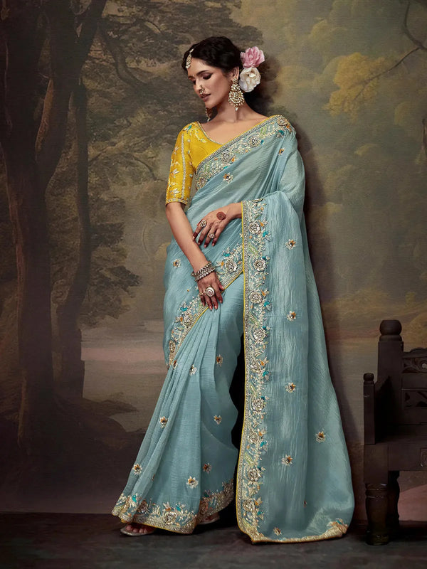 Sky Blue Fancy Saree with Embroidery Handwork For Festival & Weeding