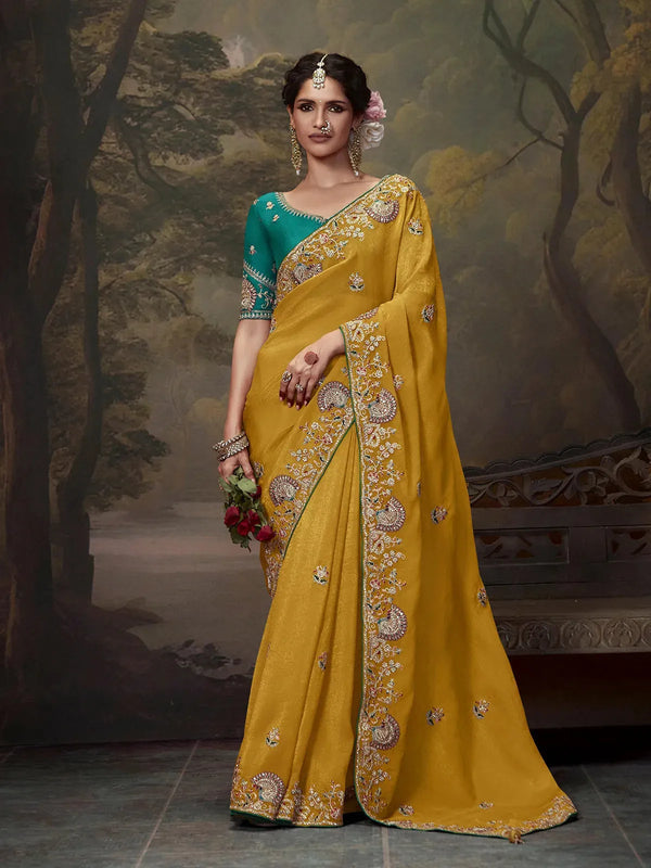 Mustard Yellow Fancy Saree with Embroidery Handwork For Festival & Weeding