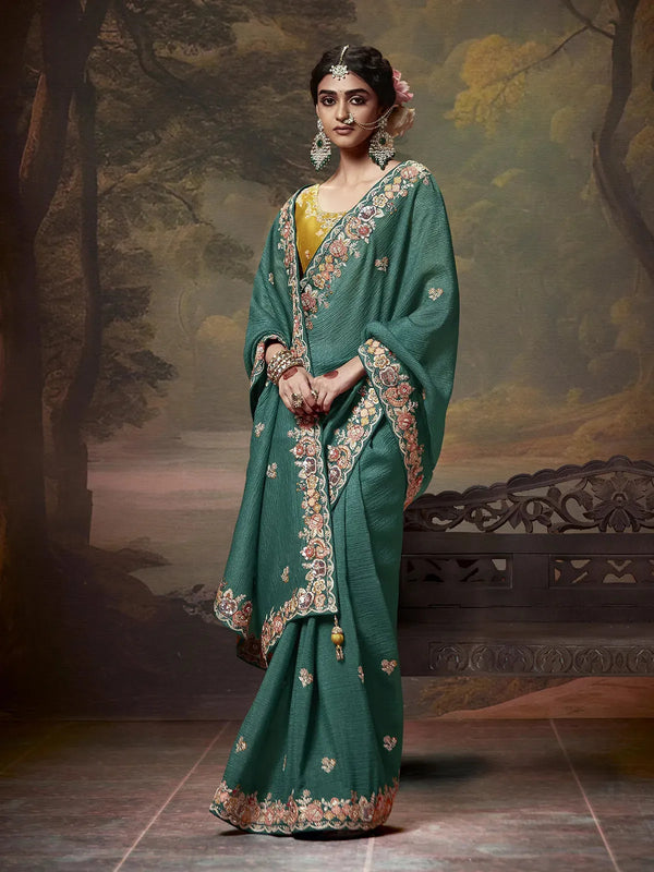 Dark Aqua Green Fancy Saree with Embroidery Handwork For Festival & Weeding