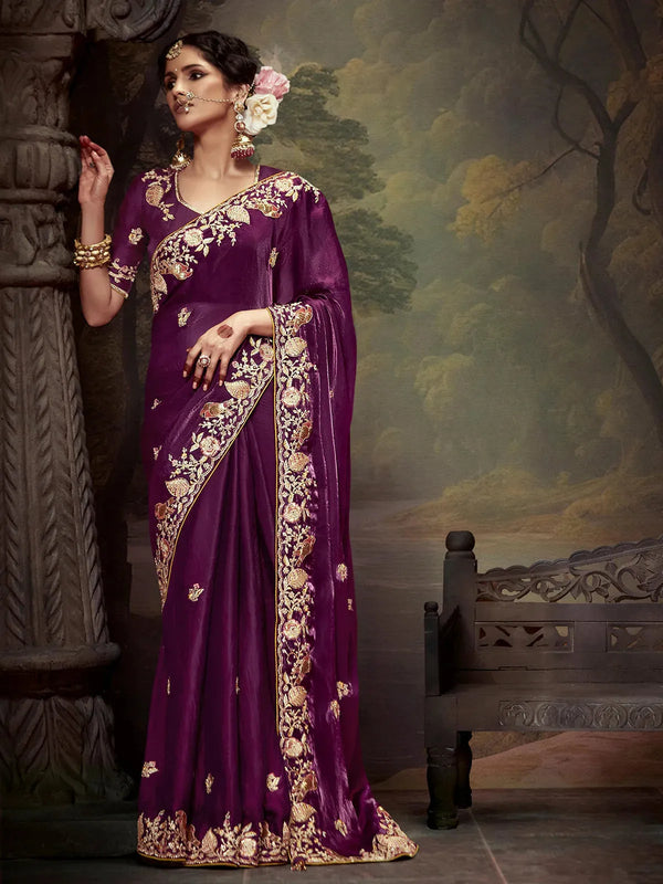 Burgundy Fancy Saree with Embroidery Handwork For Festival & Weeding