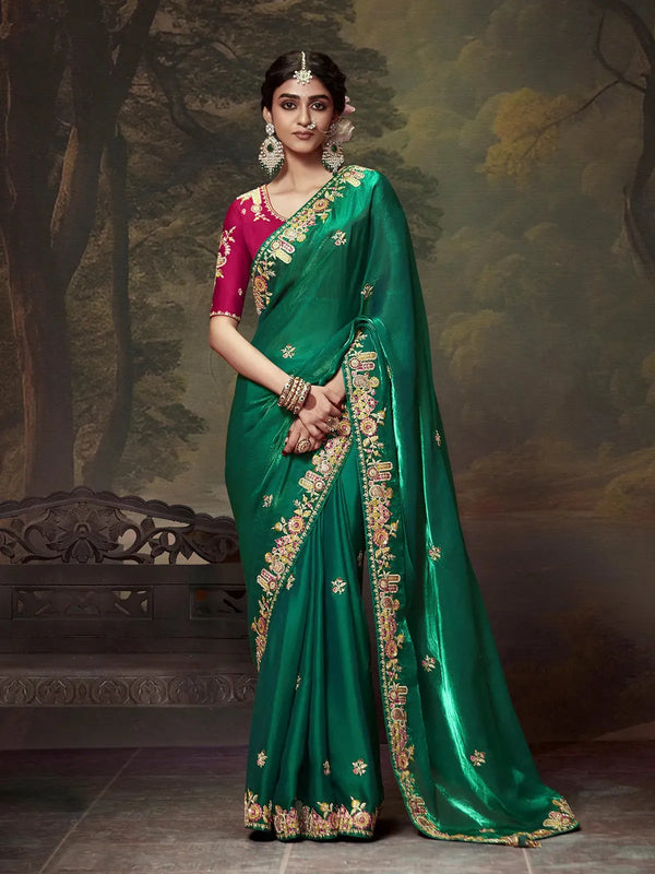 Dark Green Fancy Saree with Embroidery Handwork For Festival & Weeding