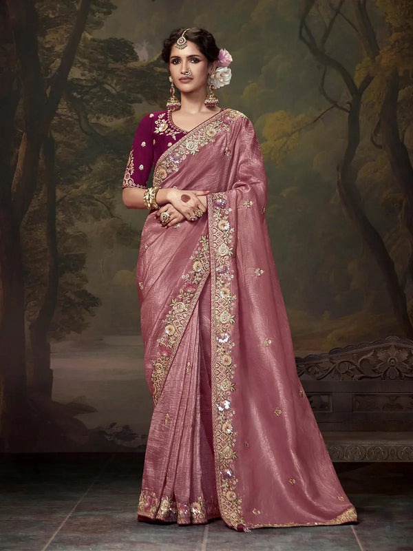 Rose Gold Fancy Saree with Embroidery Handwork For Festival & Weeding