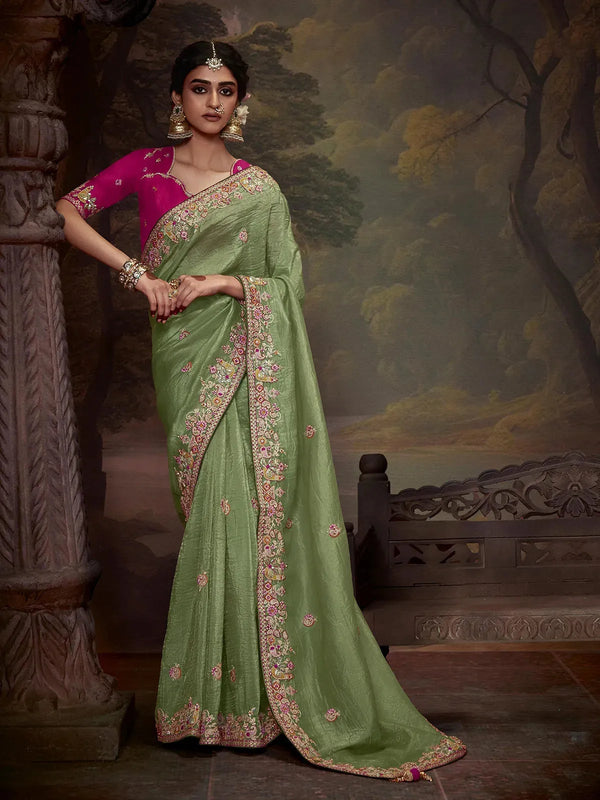 Pista Green Fancy Saree with Embroidery Handwork For Festival & Weeding