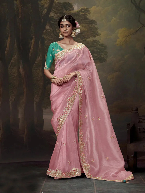 Light Pink Fancy Saree with Embroidery Handwork For Festival & Weeding