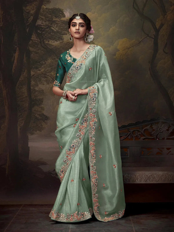 Light Green Fancy Saree with Embroidery Handwork For Festival & Weeding