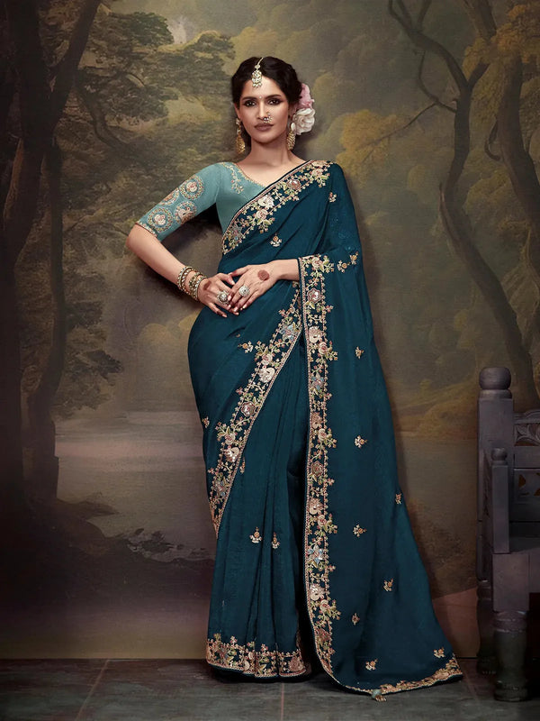 Peacock Blue Fancy Saree with Embroidery Handwork For Festival & Weeding