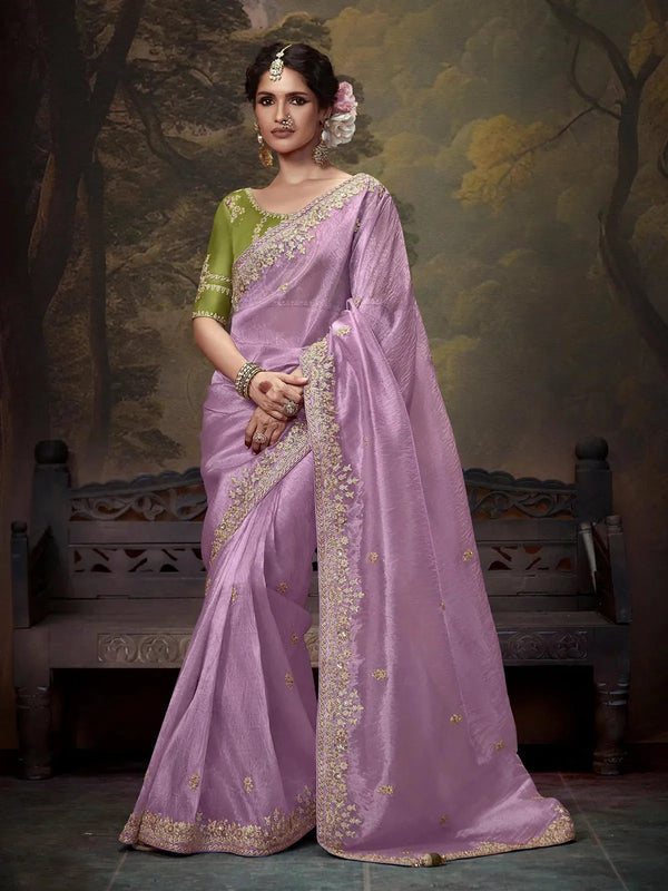 Light Lavender Fancy Saree with Embroidery Handwork For Festival & Weeding