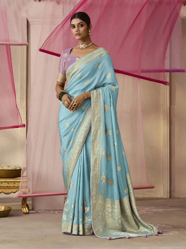 Sky Blue Designer Silk Saree with Floral Weaving Work For Festival and Party Wear