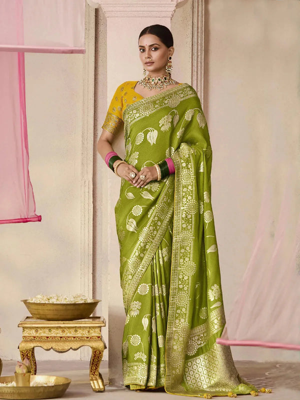 Green Designer Silk Saree with Floral Weaving Work For Festival and Party Wear