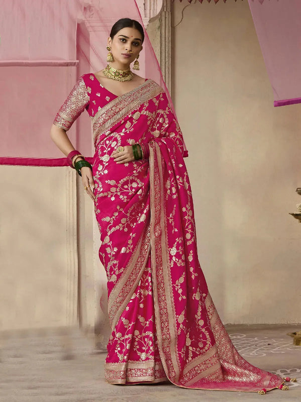 Rani Pink Designer Silk Saree with Floral Weaving Work For Festival and Party Wear