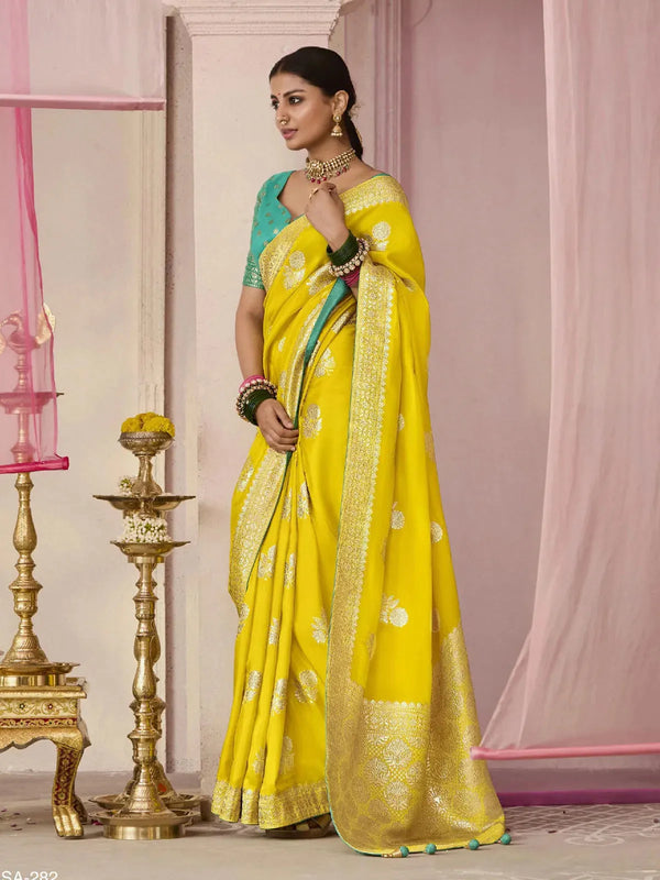 Yellow Designer Silk Saree with Floral Weaving Work For Festival and Party Wear